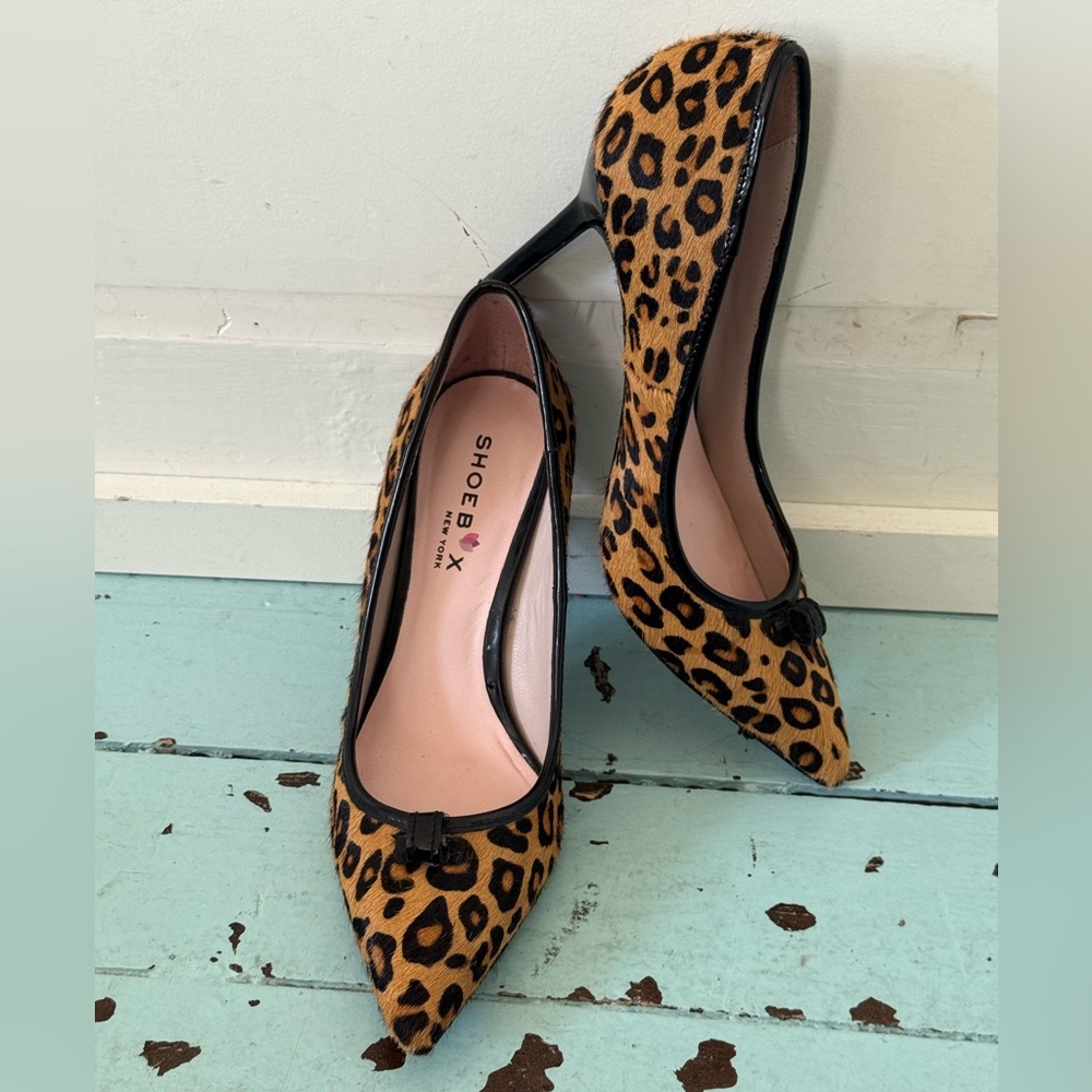leopard-print 5M calfhair patentleather trim stiletto 3” 
pumps SHOEBOX New York
